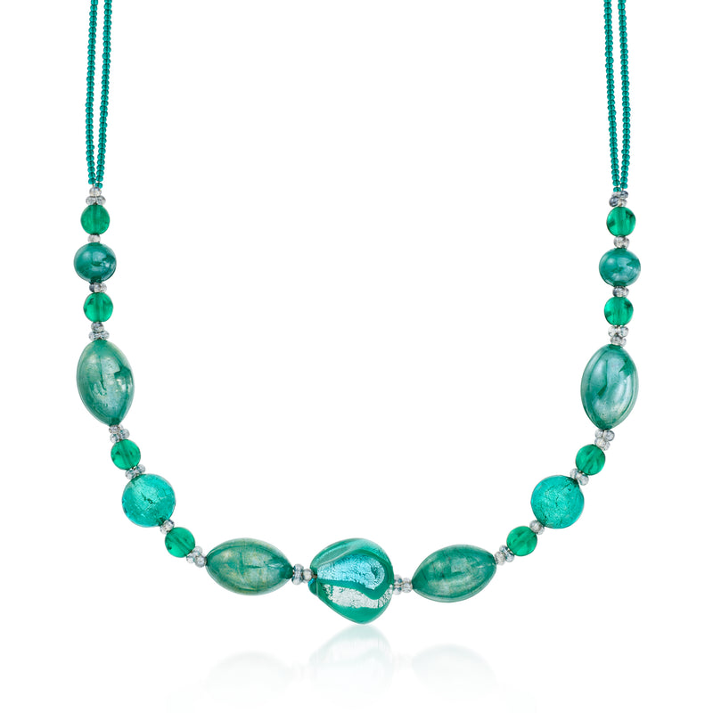 Green Murano glass bead necklace with small round and teardrop beads