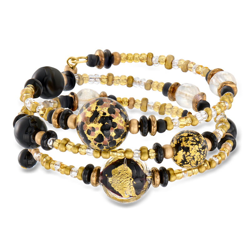 Black and gold Murano glass bead wrap bracelet with oval heart charms, layered strands