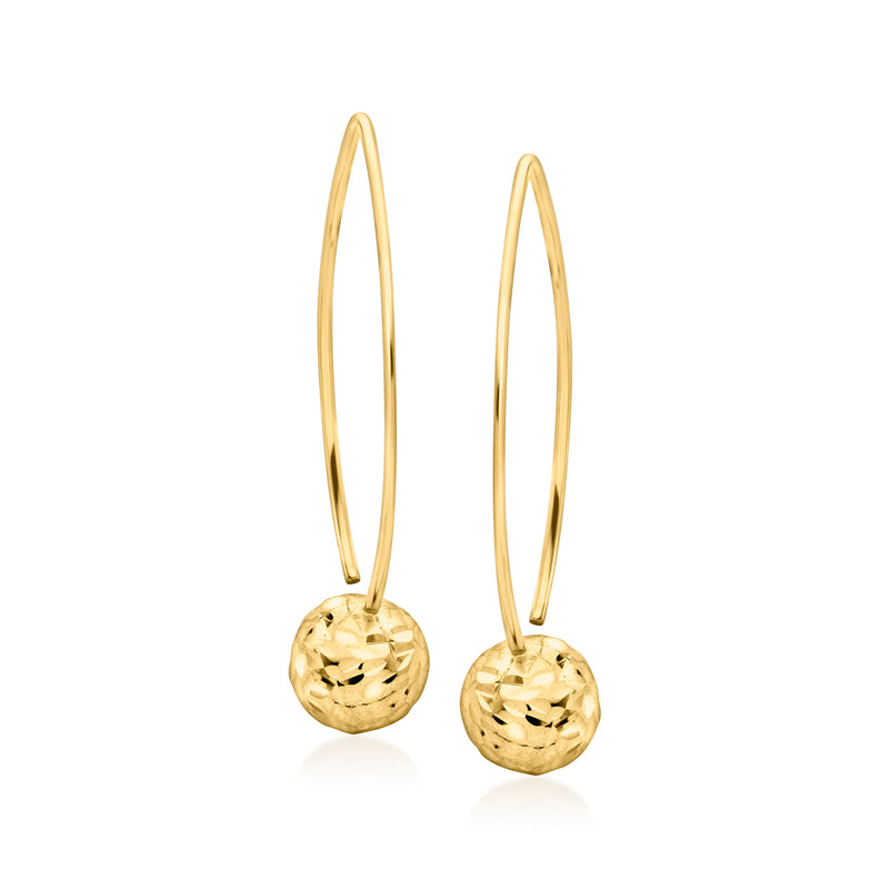 Gold ball drop hoop earrings with diamond-cut texture on circular dangles