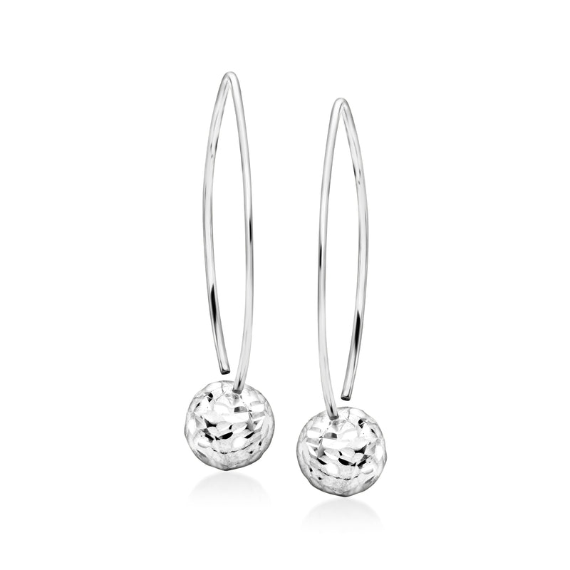Sterling silver ball drop hoop earrings with diamond-cut texture and hook closures
