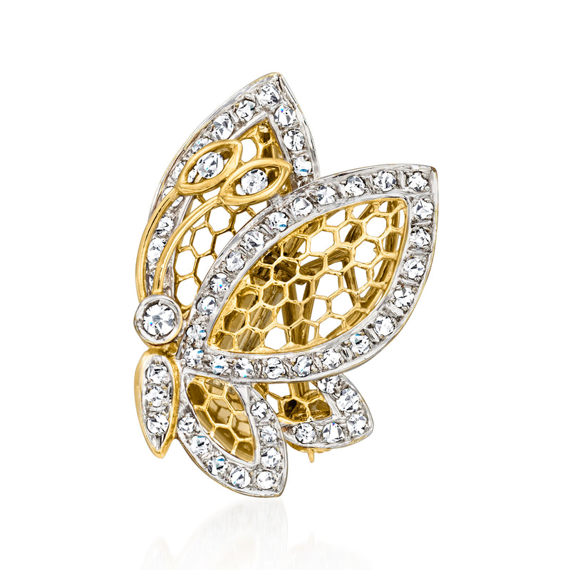Vintage 18kt yellow gold diamond butterfly pin with pave stones and openwork wings
