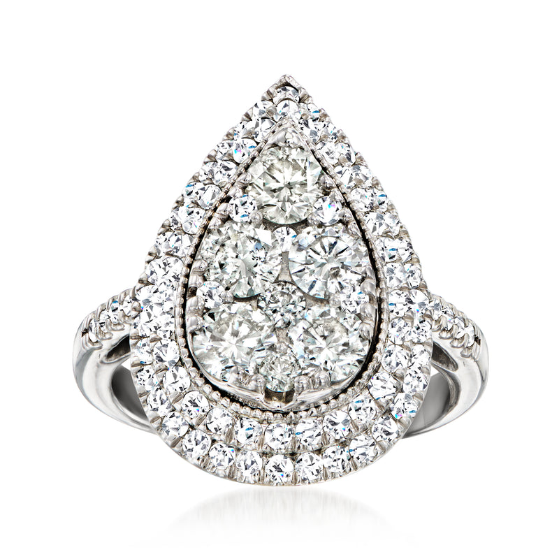 Teardrop diamond cluster ring in 14kt white gold, pear-shaped center with halo