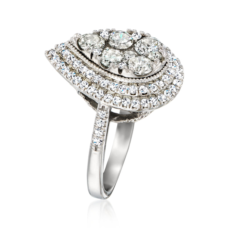 14kt white gold teardrop diamond halo cluster ring, side view with prong details
