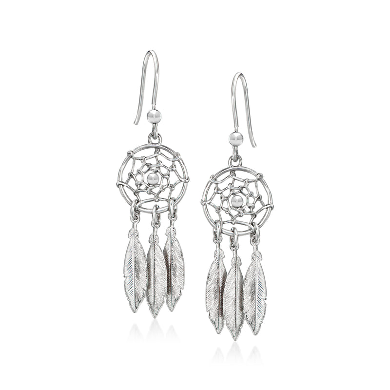 Italian sterling silver dreamcatcher drop earrings with circular net and dangling feathers
