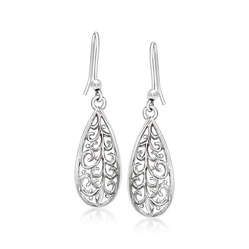 Sterling silver filigree teardrop openwork earrings with hook earwires