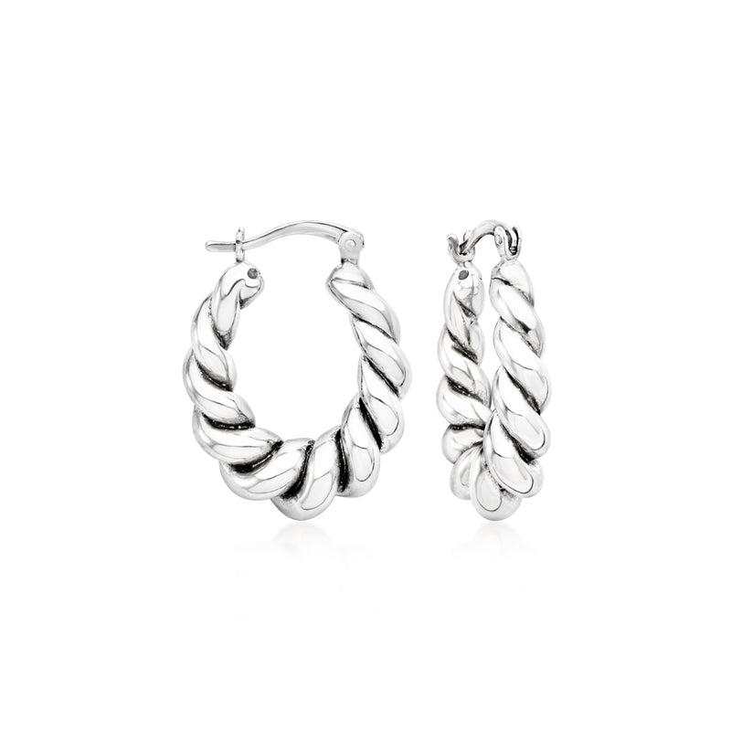 Sterling silver twisted graduated hoop earrings with spiral rope design, hinged closure
