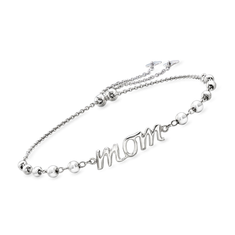 Sterling silver bolo bracelet with 'Mom' charm and bead-link chain