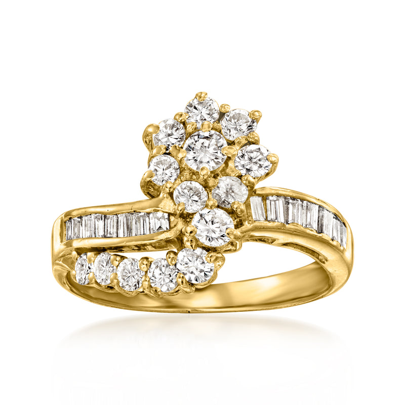 Vintage yellow gold diamond flower ring with round stones and baguette side accents