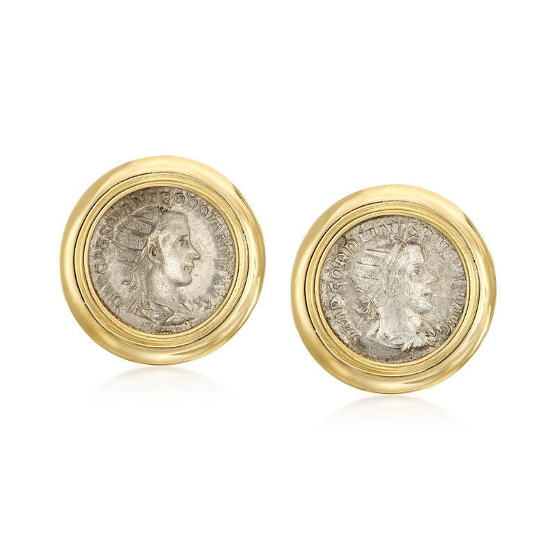 Round Roman coin earrings with gold bezel and engraved profile medallions