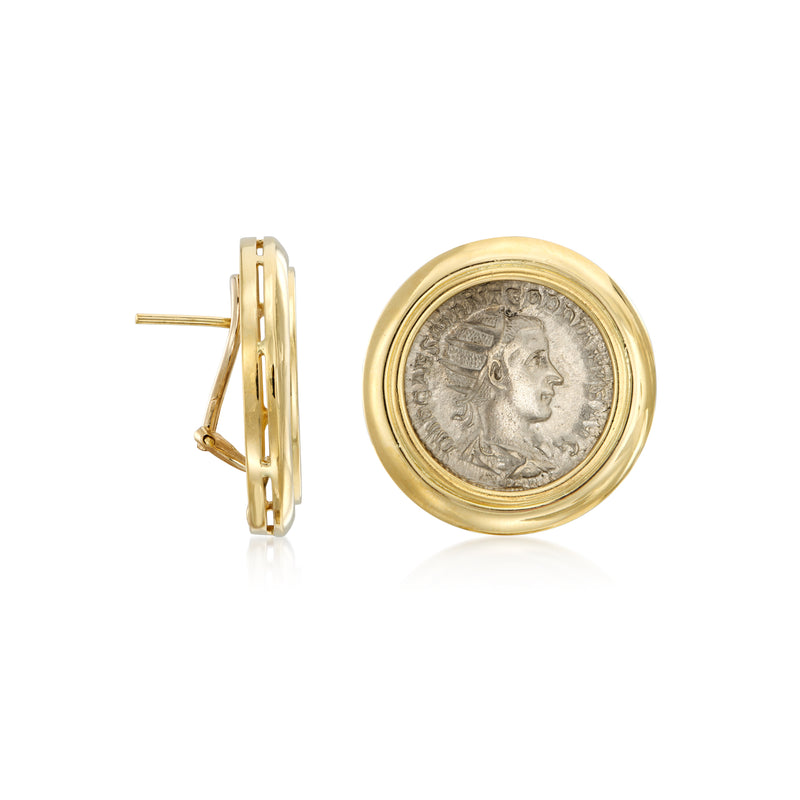 Gold Roman coin earrings side view with hinged clip/post backing