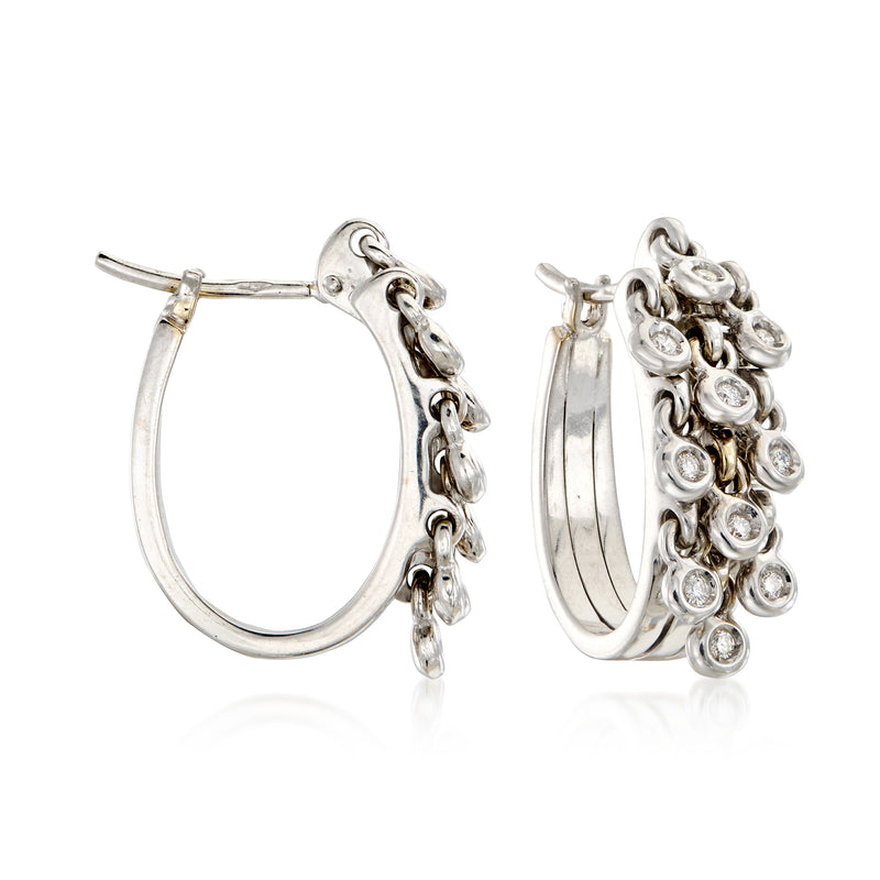 18kt white gold hoop earrings with bezel-set diamonds and linked drop accents