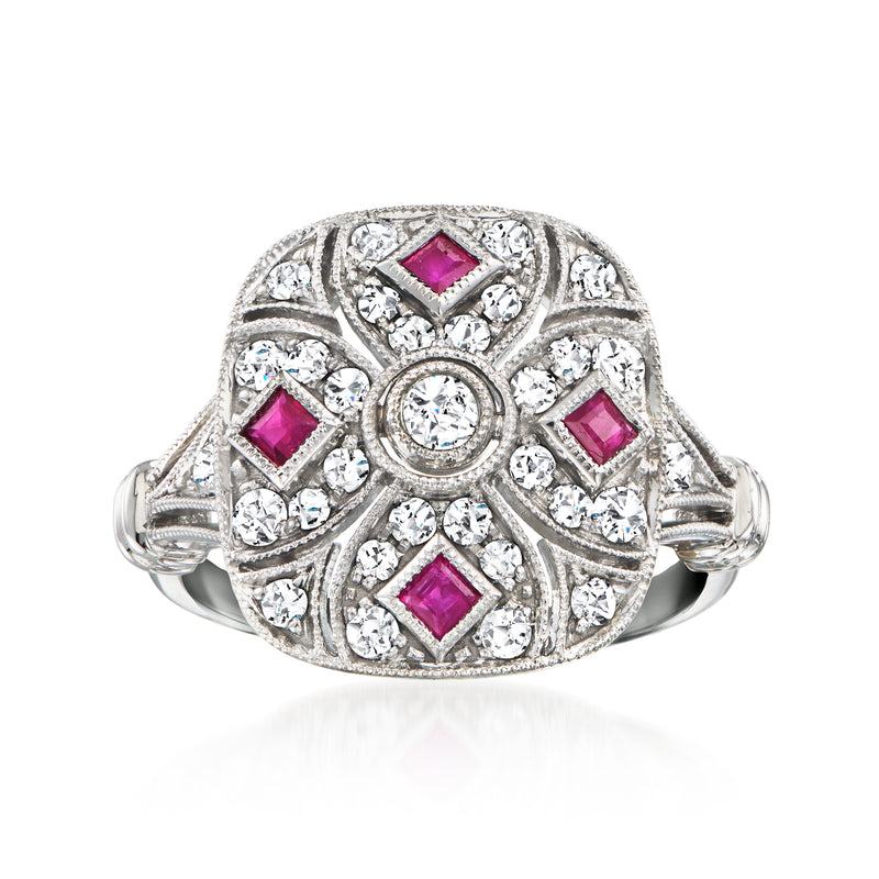 Vintage filigree ring with clear diamonds and pink ruby square accents, white metal