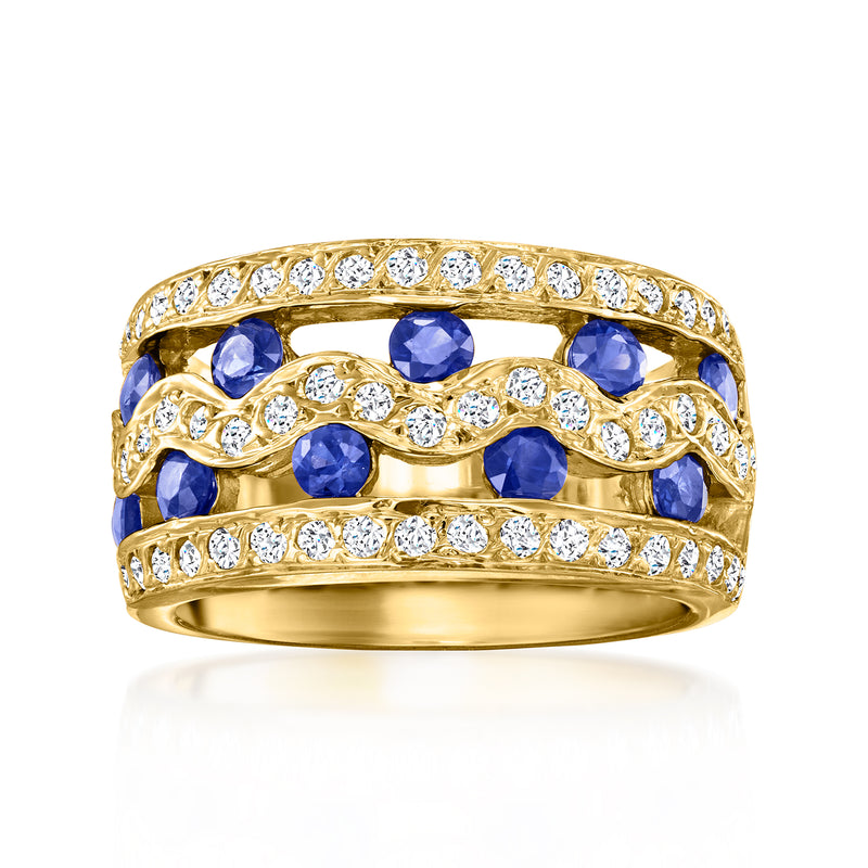 14kt yellow gold wave ring with blue sapphires and white diamonds, multi-row design
