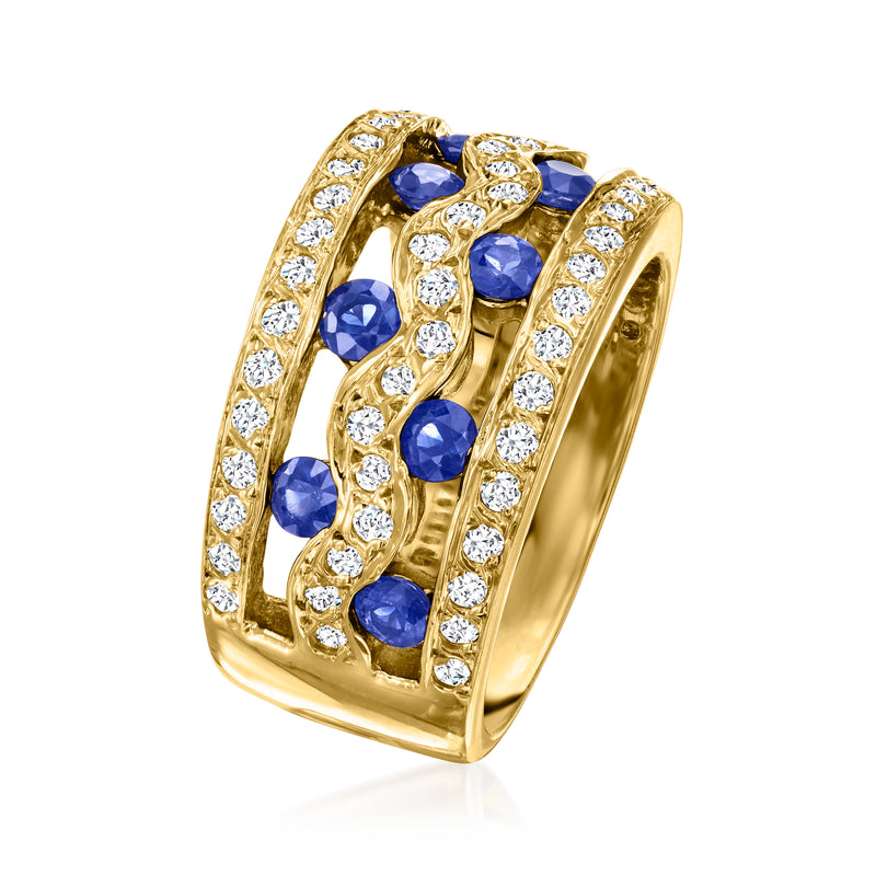 Yellow gold sapphire and diamond wave ring, sculpted side view with blue stones