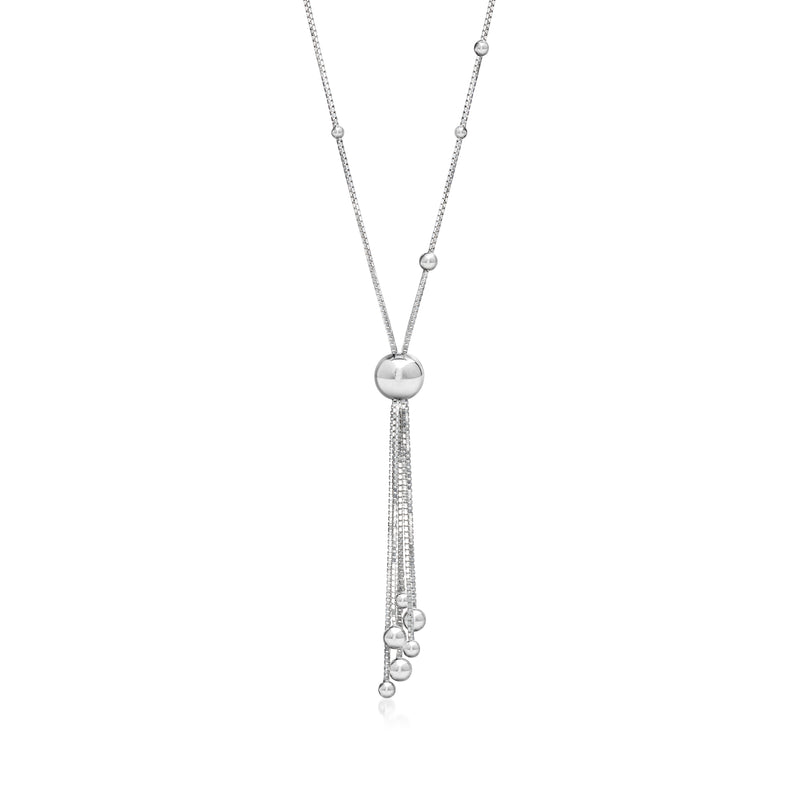 Sterling silver beaded tassel necklace with round ball pendant and dangling bead fringe.