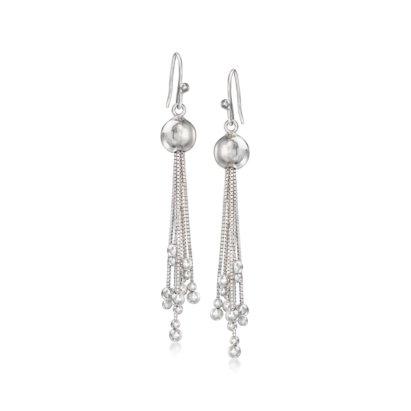 Sterling silver beaded tassel drop earrings with round top beads and dangling chains