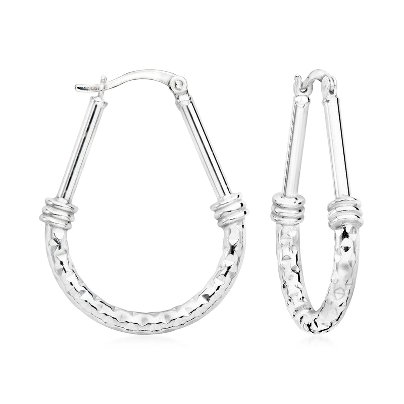 Sterling silver hammered oval hoop earrings with hinged clasp, textured finish
