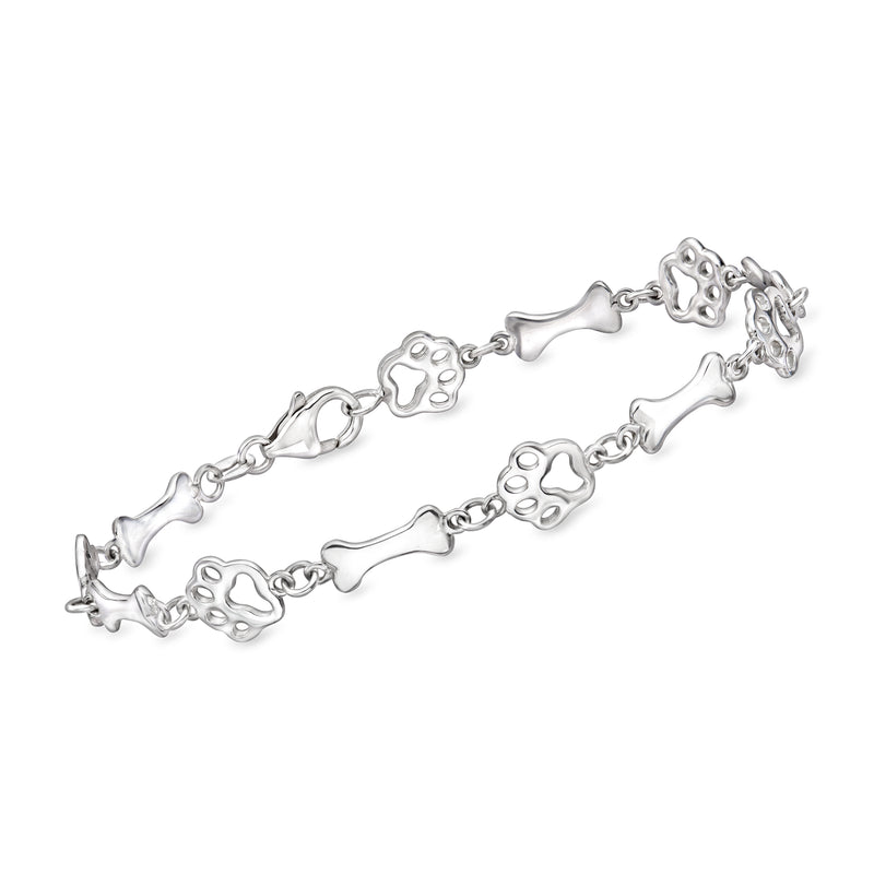 Sterling silver paw print and bone station bracelet with linked chain and charms