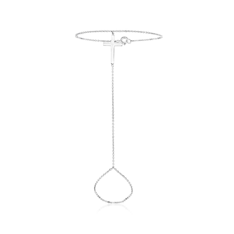 Sterling silver cross hand chain bracelet with adjustable links and dangling ring