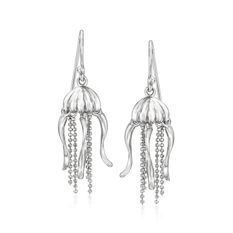 Sterling silver jellyfish drop earrings with dangling bead chains and earwire hooks