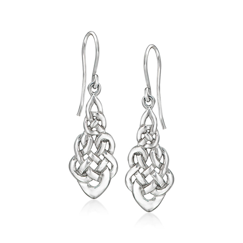 Sterling silver Celtic knot drop earrings with teardrop knot detail and earwire hooks