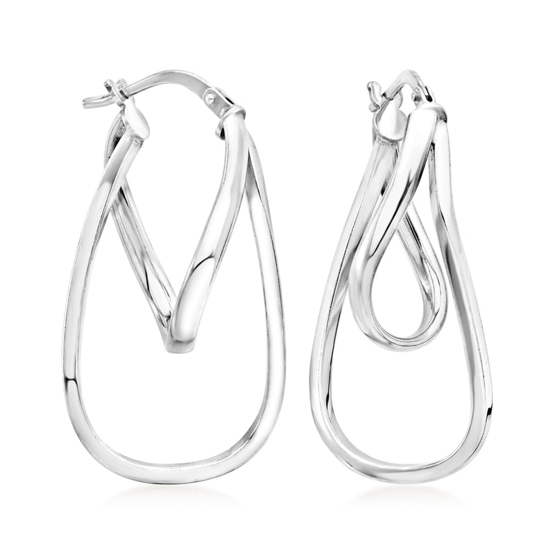 Twisted sterling silver hoop drop earrings with hinged clasp, teardrop profile