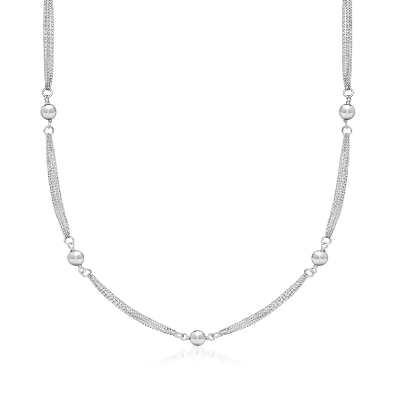 Sterling silver curb-chain bead station necklace with round bead accents