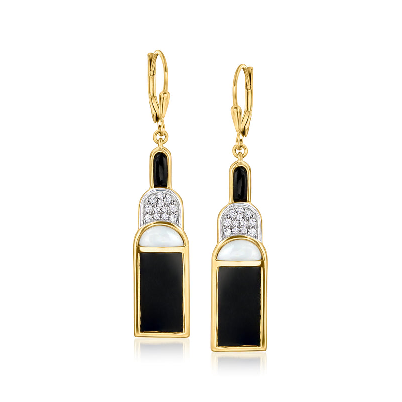 Gold geometric drop earrings with black enamel and white stone insets, leverback