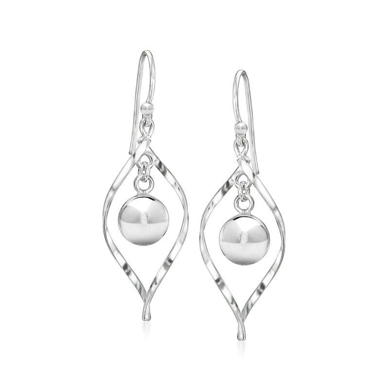Sterling silver twisted drop earrings with round bead and teardrop frame