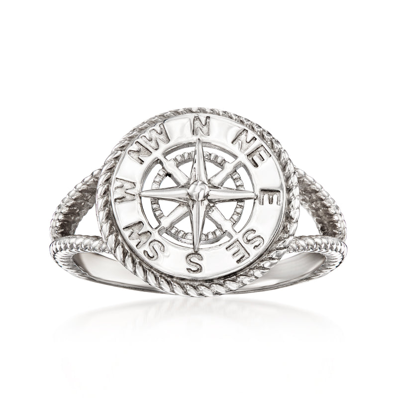 Sterling silver compass ring with engraved compass face and rope-textured band