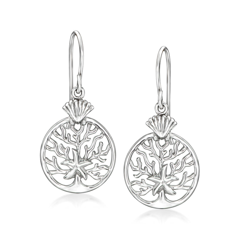 Sterling silver sea life drop earrings with round disc and starfish, earwire hooks
