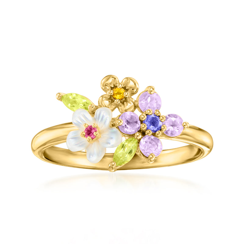 18kt gold over sterling gemstone flower ring with mother-of-pearl and purple stones