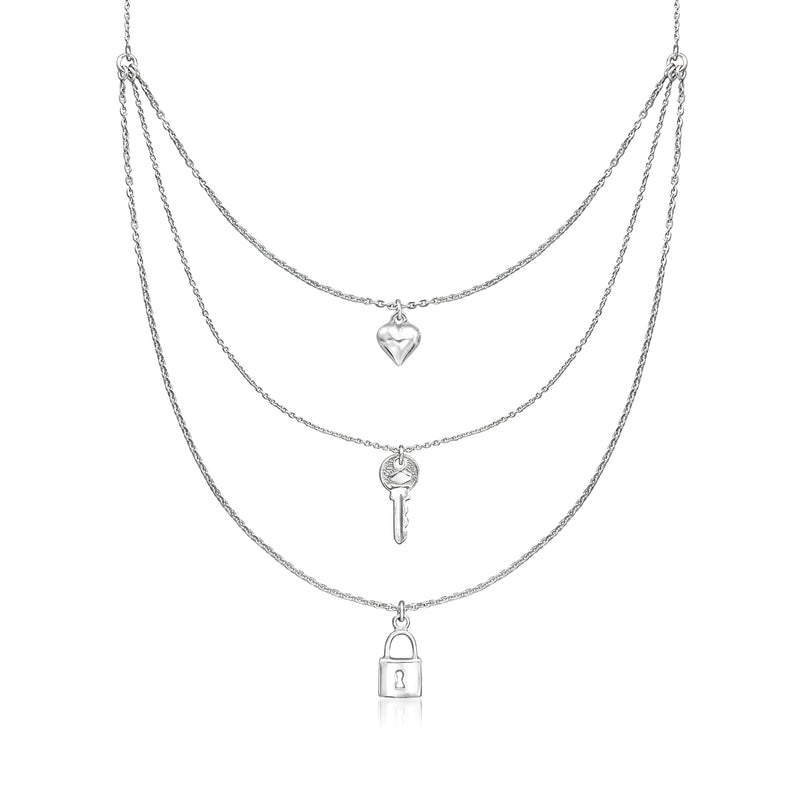 Sterling silver layered necklace with heart, key, and lock charms