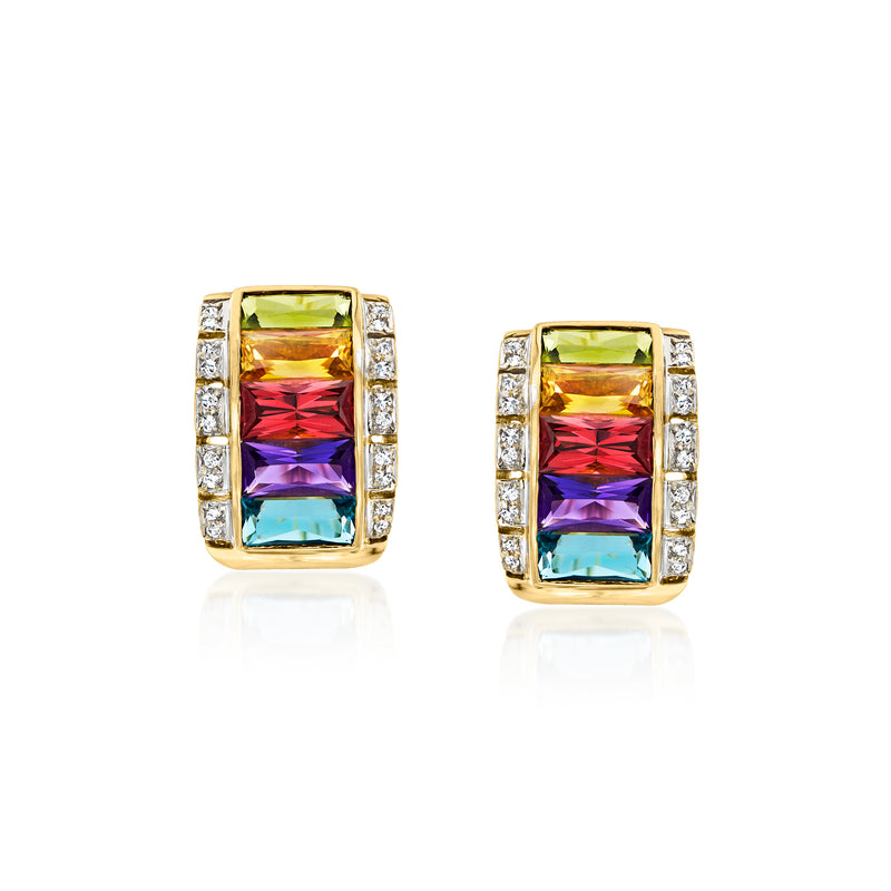 18kt yellow gold curved multi-gemstone earrings with diamond accents, post backs
