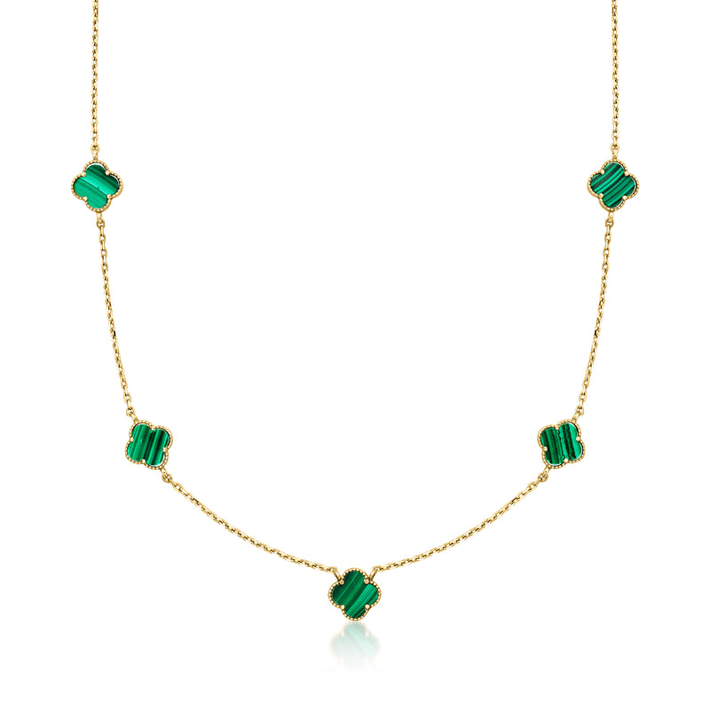 10kt yellow gold clover station necklace with green malachite insets