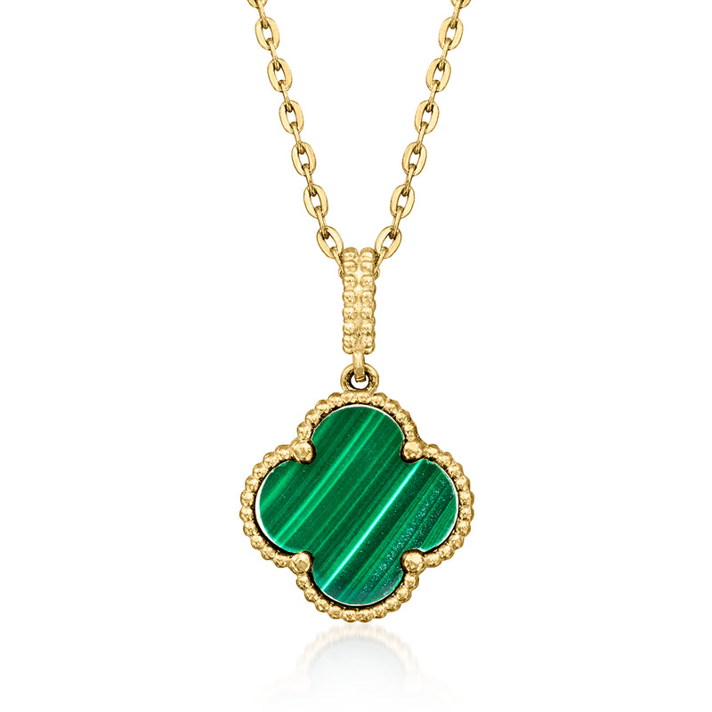 10kt yellow gold clover pendant necklace with green malachite stone