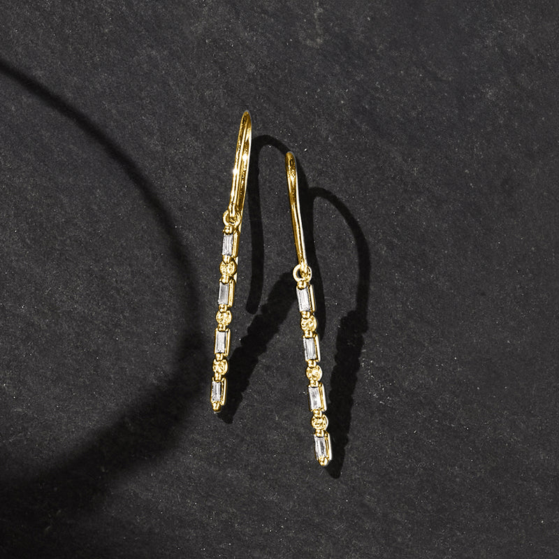 14kt yellow gold diamond linear drop earrings, earwire with dangling bead link rows