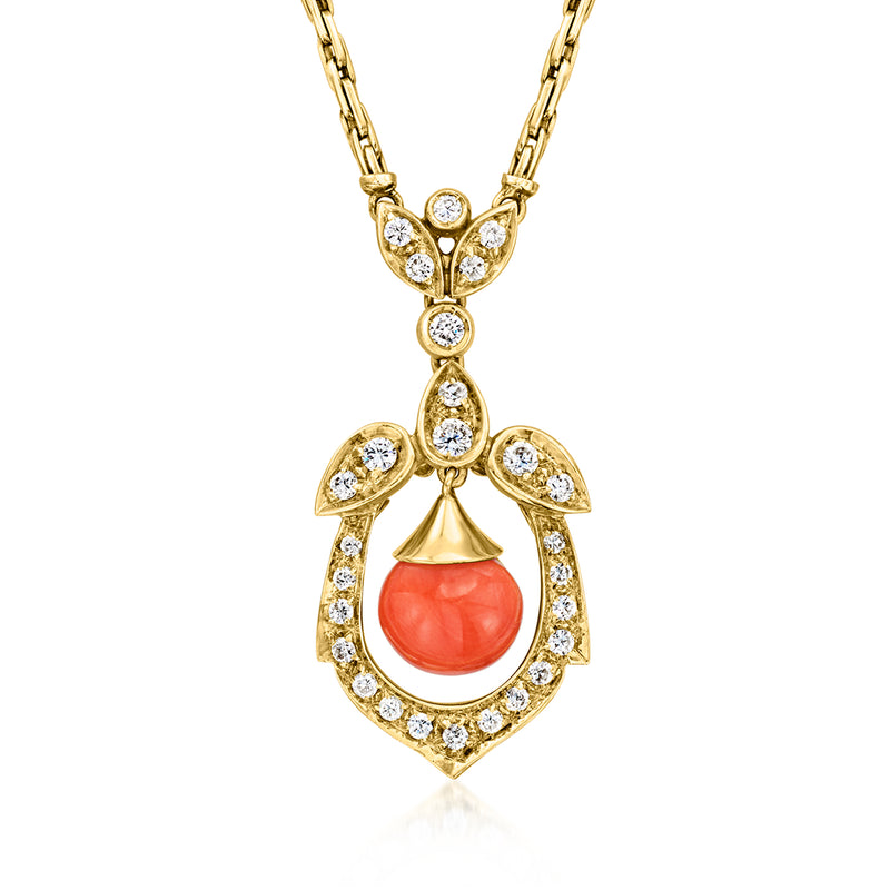 Vintage yellow gold diamond and coral teardrop pendant necklace