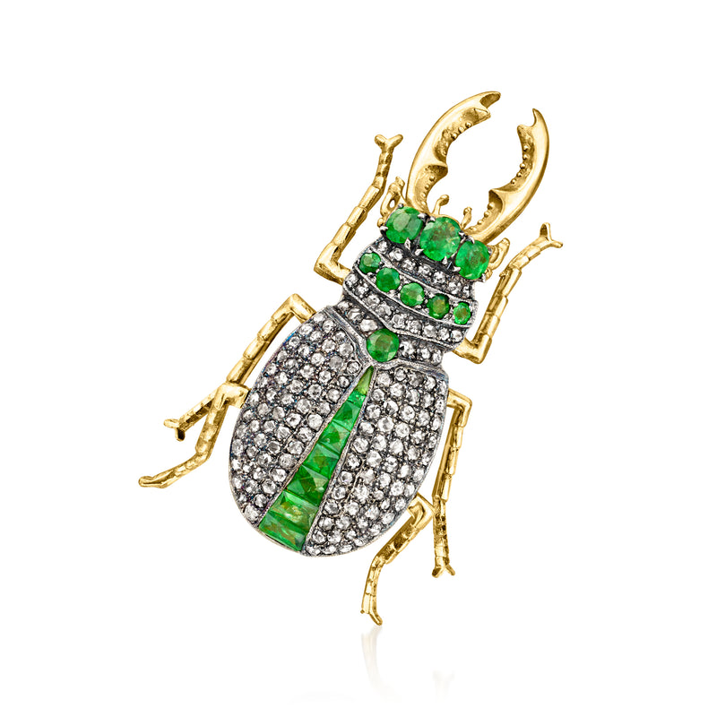 Vintage beetle pin/pendant with green tsavorite and diamond details in gold-over silver