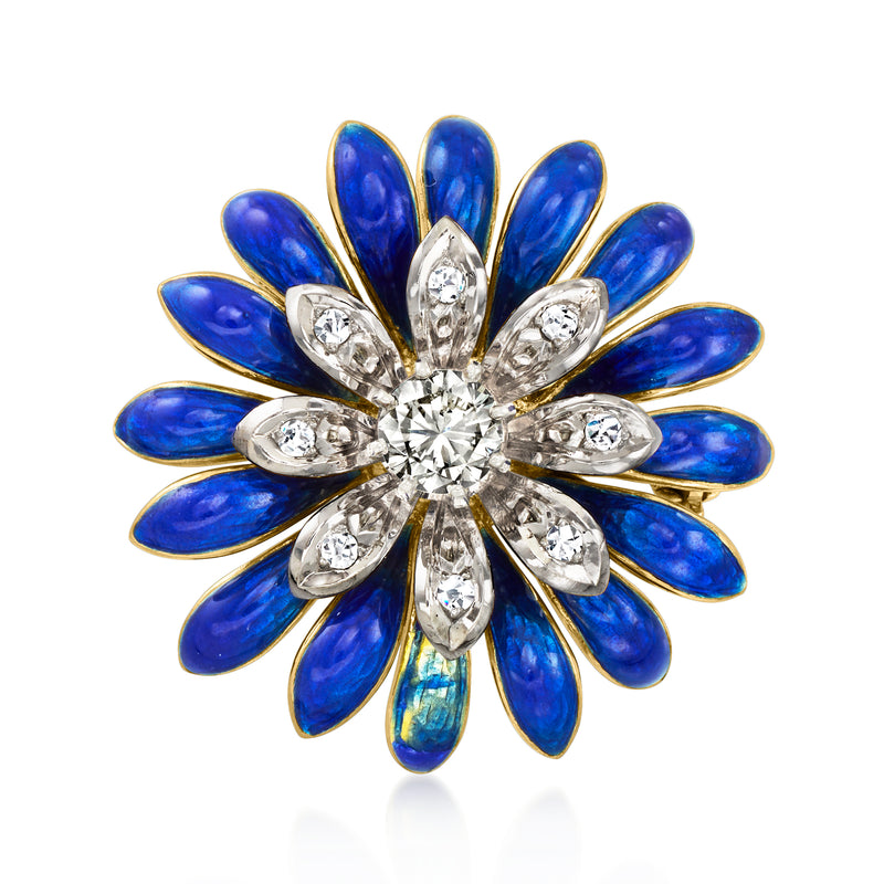 Blue enamel flower diamond pin in yellow gold, round center with petal accents