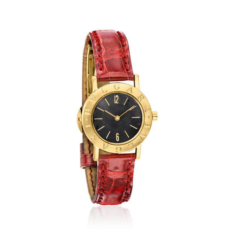 Bulgari women's vintage 18kt gold watch with black dial and red crocodile leather strap