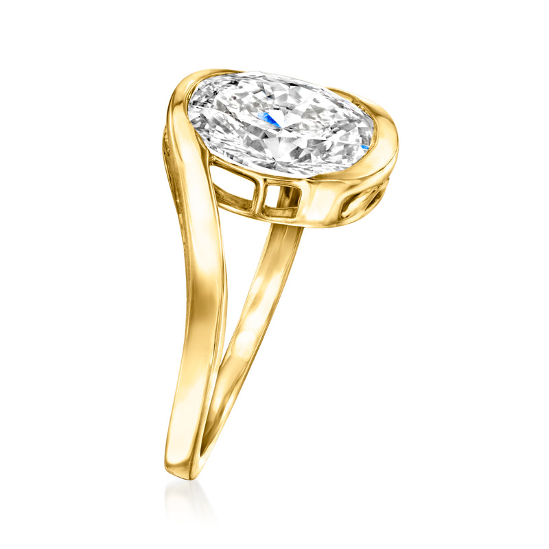 Asymmetrical yellow gold ring with raised oval diamond, side view