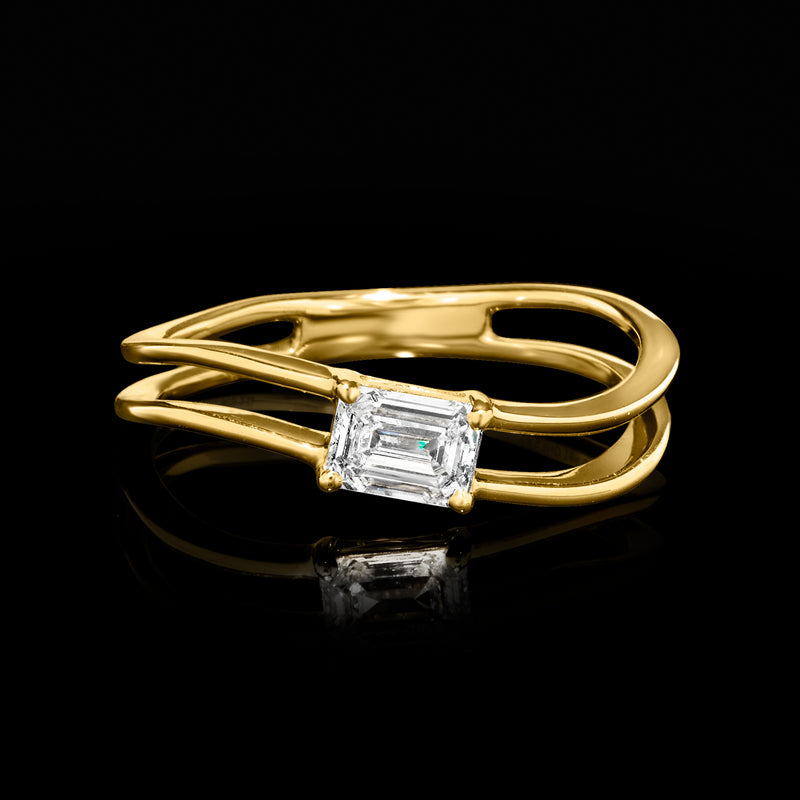 Curved gold-over-sterling diamond ring with rectangular faceted stone