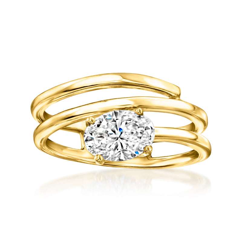 Gold spiral ring with round lab-grown diamond, prong-set in gold over sterling