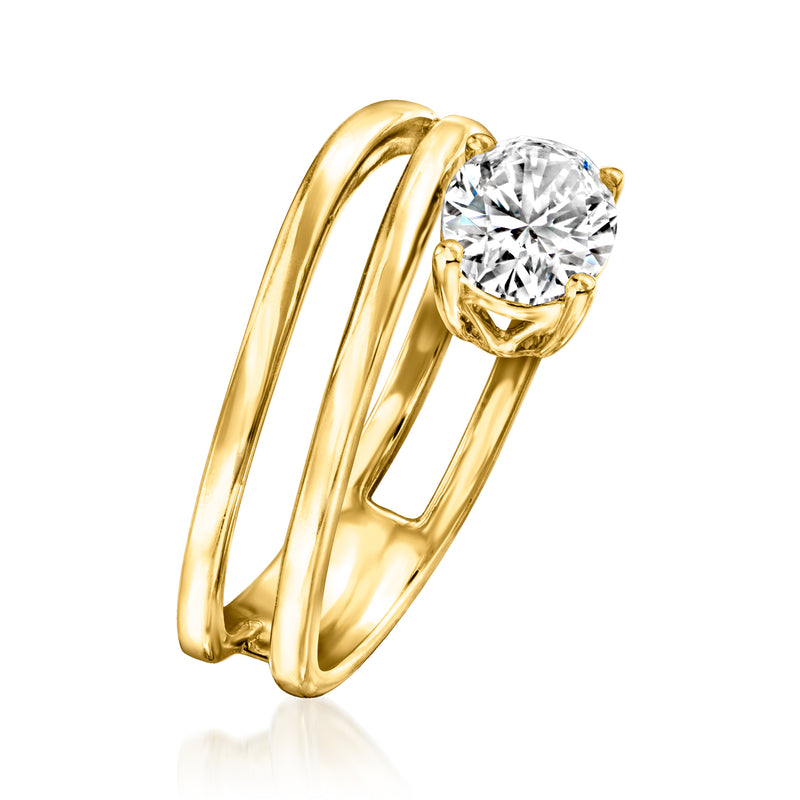 Gold spiral ring with round lab-grown diamond, prong-set, side angle view