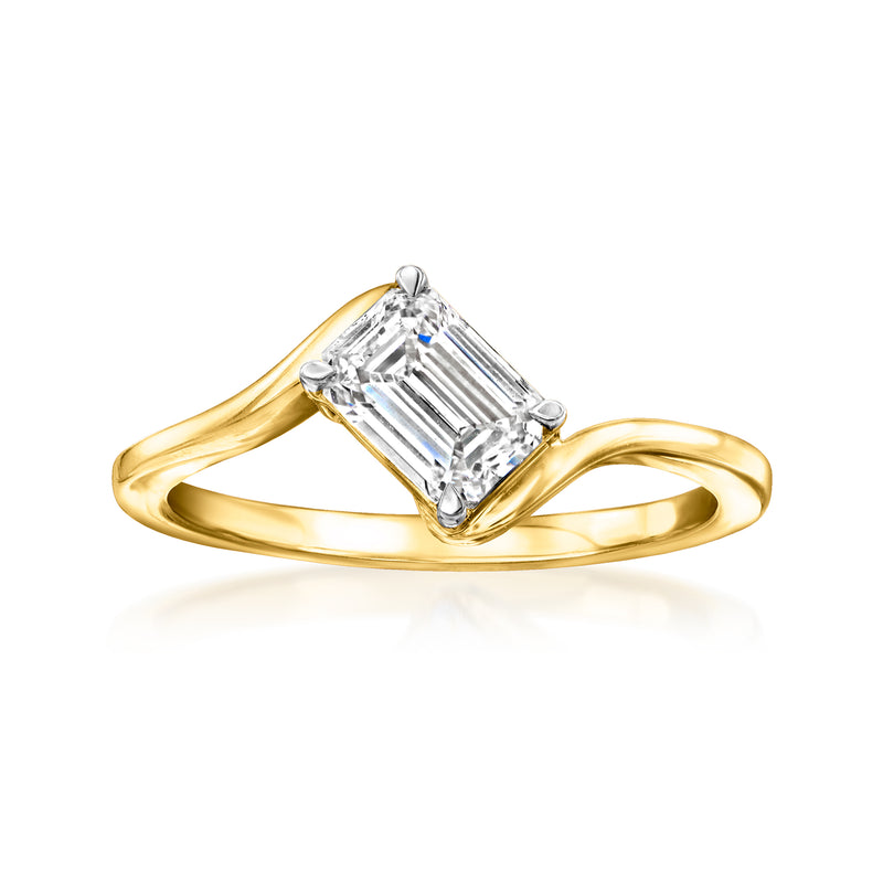 Asymmetrical gold over sterling ring with emerald-cut lab-grown diamond center