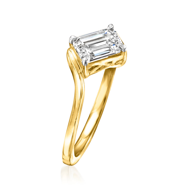 Gold over sterling ring with emerald-cut diamond set on asymmetrical open band