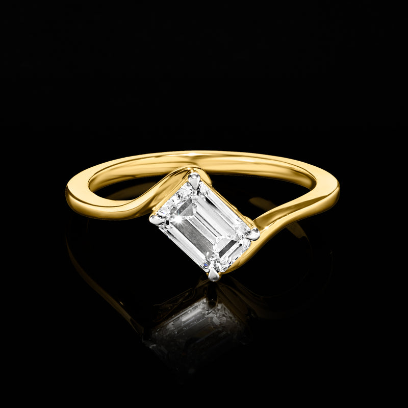 Gold over sterling asymmetrical ring featuring emerald-cut lab-grown diamond solitaire