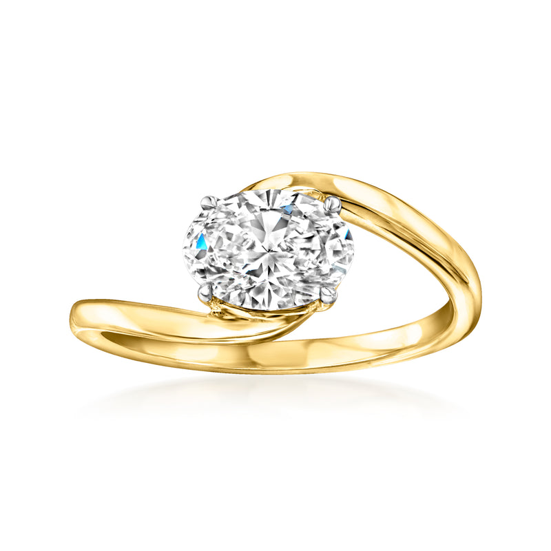 14kt yellow gold asymmetrical ring with round lab-grown diamond, prong-set