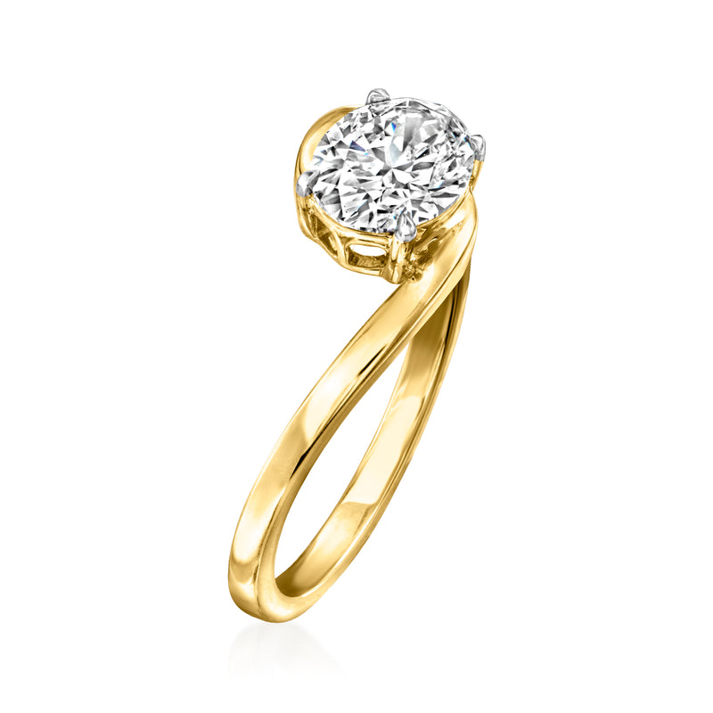 Side view: 14kt yellow gold asymmetrical ring with round lab-grown diamond, prong-set